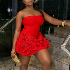 BXOXO Christmas Birthday Banquet Party Elegant Y2K Summer Bodycon Dresses Women Chic 3D Flowers Hem Skinny Sexy Strapless Dress