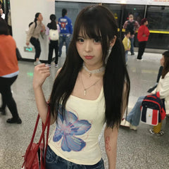 BXOXO Japanese Y2k Tank Tops Women Print Floral Sleeveless T Shirts 2000s Aesthetic Streetwear Camis Korean Style Summer Tops