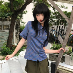 Bxoxo Y2k Vintage Shirt Women Short Sleeve Irregular Casual Shirt Plaid 2000s Japanese Summer Shirt Tee E-girls Streetwear