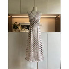 Bxoxo Sweet French Style Heart Print Satin Dress Neck Hanging Women's Maxi Skirt V-neck Sleeveless Empire Waist Spring Summer New