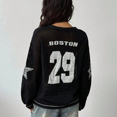 Bxoxo Y2K Sexy Mesh Hollow Out Knitted Pullover Women Fashion Letter Print Loose Top Female V Neck Long Sleeve Streetwear Sweater