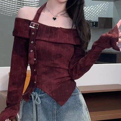 Bxoxo Fashion Slash Neck T Shirt Women Korean Elegant Off Shoulder Irregular Women Tops Harajuku Tie Dye Long Sleeve Pullovers