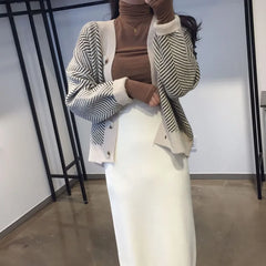 Bxoxo Women's Sweater Button Down V-Neck Striped Cardigan Knitted Tops Single Breasted Autumn Winter Casual Chic Knitwear Outfit