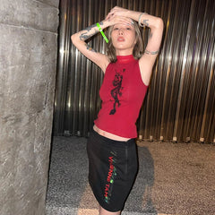 BXOXO Vintage Print Tops Women Sleeveless Slim American Retro Crop Tops Grunge Y2k Tank Tops Turtleneck Streetwear Tee Tops