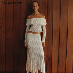 Bxoxo Polka Dot Lace Long Sleeve Off Shoulder Crop Tops + Elegant Bodycon Long Dress Fall Fashion Vacation Beach 2 Piece Set