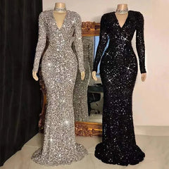 BXOXO Customized Women Gray V Neck Long Sleeve Sequin Dress Elegant Evening Dress Party Maxi Dress Ladies Trailing Dresses