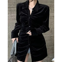BXOXO Vintage Shirts Women Black Velvet Pleated Blouses Korean Elegant Folds Turn Down Collar Long Sleeve Slim Chic Casual Tops