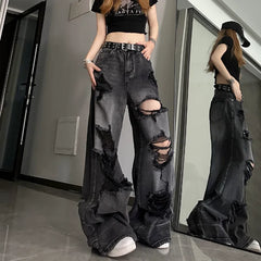 BXOXO Women's Distressed Design Wide Leg Hole Jeans Summer New Street Unisex Style Trousers Loose High Waist Straight Denim Pants