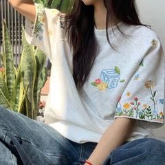 Bxoxo Korean Casual Short Sleeve Women T Shirts Y2K Chic Flower Embroidery Loose O Neck Tees Bf Summer Fashion Cotton Tops New