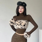 Bxoxo Leopard Patchwork Women T Shirt Autumn Half Turtleneck Long Sleeve Slim Crop Top Y2K American Streetwear All Match Tees Female