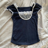 BXOXO Kawaii Bow Lace Trim T-shirt Vintage Striped Patchwork Slim Fit Crop Top Y2K Aesthetic Fairy Grunge Retro Tees Women