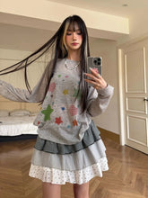 Bxoxo Vintage Star Print T-shirts Women Y2k Harajuku Gray Long Sleeve Tees Korean Style Retro Oversized Streetwear T-shirts