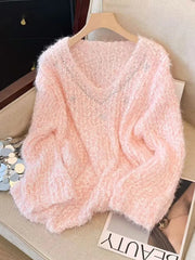Bxoxo Pink Sweet Knitted Sweaters Women Fashion Lazy Wind Diamond Elegant Jumper Korean Chic Long Sleeve Loose Fall Winter Pullovers