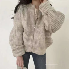 Bxoxo Women's Zip Up Sweater Cardigan Chunky Knit Stand Collar Zipper Front Plain Sweater Jacket Ladies Korean Chic Fall Winter Outfit