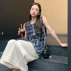 Bxoxo Japanese Sweet Plaid Shirt Women Summer Chic Patchwork Sleeveless Blouse Female New Loose Streetwear All Match O Neck Tops