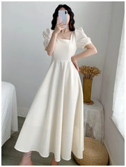 BXOXO Slim Fit Women White Dress Bubble Sleeve Square Neck Light Wind Style Long Skirt Summer Casual Korean Style