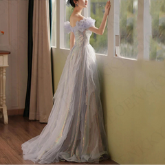 BXOXO Purple Princess Off Shoulder Prom Dress 프롬드레스 Luxury Sequin Tulle Formal Evening Dresses Long Sweetheart Neck Lace-up Back Women