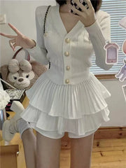 Bxoxo Long Sleeve Knit Tops Skirt 2 Piece Set Women Fashion Single Breasted Crop Cardigan Y2K High Waist All Match Mini Skirts Sets