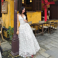 Bxoxo Sexy Deep V-Neck Backless Lace High Waist Mesh Fashion Spaghetti Strap Dress Summer Evening Party New Women Vestidos