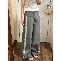 Bxoxo Y2k Gray Lace Women Suit Pants Vintage Harajuku Patchwork Wide Leg Korean Fashion Baggy Trousers Elegant Casual Sweet