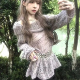 BXOXO Fashion Slash Neck Hollow Out Pullovers Y2k Grunge Long Sleeve Sweaters Mujer Vintage Simple New Loose Knitted Tops Women