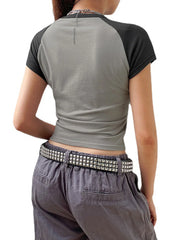 BXOXO Women Raglan Long Sleeve Crop Tops Print Casual Retro Round Neck Crop T-shirt Blouse Y2k Harajuku Streetwear Clubwear