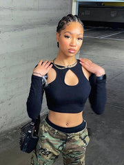 Bxoxo Summer Long Sleeve Cropped Corset Women Top Sexy Aesthetic Club O Neck Fairy Grunge Black Women's T-Shirt