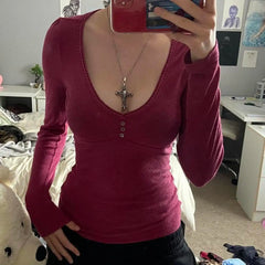 BXOXO Kawaii Crop Tops y2k Aesthetic Fairy Grunge Women Knitted Button Long Sleeve Slim 2000s Aesthetic T Shirts Harajuku Tees Clothes