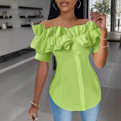 BXOXO Sexy One-piece Collar Slim White Shirt And Blouses Women's Summer Short Sleeve Fashion Ruffle Button Cardigan Female Shirts Top