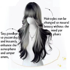 BXOXO synthetic Long Body Wave Black And Gray Gradient Cosplay Wigs Heat Resistant Synthetic Wigs Bangs Natural Lolita Wigs For Women