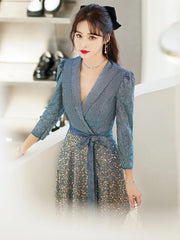 BXOXO DRESS TO IMPRESS Temperament V-Neck Formal Dress Shiny Elegant 3/4 Sleeve Lace up Slim Banquet Gown New Long Blue Sequin Party Vestido