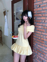 Bxoxo Sweet Elegant Bodycon Mini Dresses Women Off Shoulder Korean Style Butter Yellow Plaid Ruffles Dresses Y2k Harajuku