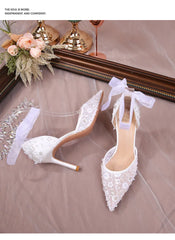 BXOXO Size 33-42 Summer Beaded Women White Wedding Shoes Ankle Strap Pointed High Heel Pumps