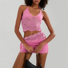 BXOXO Sexy Lace Two Piece Set Women Outfit Halter Neck Backless Crop Top And Bodycon Mini Skirt Female Club Party Dress Sets