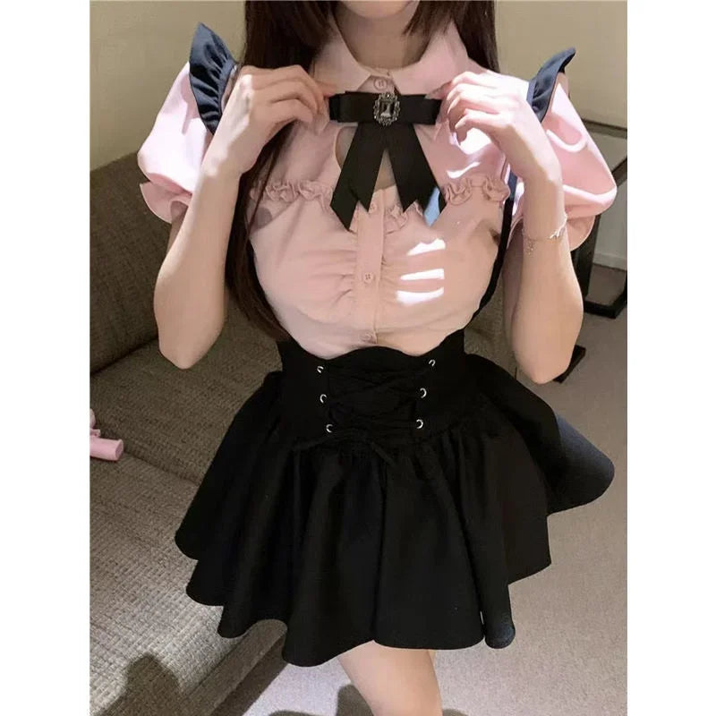 Black Japanese Kawaii High Waist Mini Suspender Skirt Y2k Aesthetic Sweet Women Solid Streetwear Gothic Jk Sling Skirt