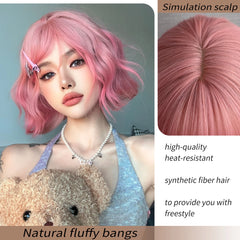 BXOXO 12 Inch Synthetic Short Pink Water Curly Wave Bangs Wig Fiber Wig Heat-resistant Natural Soft Cosplay Hairpiece For Women