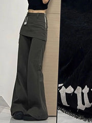 Bxoxo Harajuku Patchwork Women Flared Pants Vintage High Waist American Style Fake Two Piece Trousers Y2k Baggy Solid Gyaru