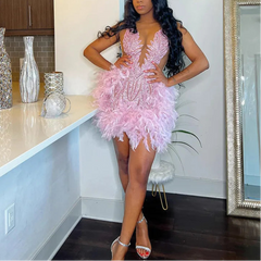 BXOXO Luxury Pink Feather Short Prom Dresses Black Girls Sexy Sheer Neck Beaded Mermaid Mini Cocktail Gowns for Birthday Party