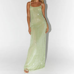 BXOXO Women Shiny Sequins Dress Summer Draped Backless Spaghetti Strap Party Dress for Vacation Cocktail Beach Streetwear