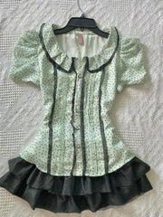 Bxoxo Sweet Sexy Slim Fitting Patchwork Polka Dot Ruffle Elegant Puff Short Sleeve Tops Design Solid Tierred Mini Skirt 2-piece Set