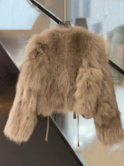 Bxoxo Thick Faux Fur Crop Coat Women Y2K Fashion Streetwear Lace Up Fluffy Short Jacket Korean Elegant Office Lady Faux Fox Fur Parkas