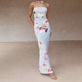 BXOXO Women Long Dress Floral Print Tube Dress Summer Fashion Backless Casual Strapless Dress with Choker Scarf