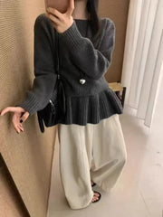 Bxoxo Ruffles Patchwork Knitted Sweater Women Autumn Japanese Button Splicing Casual Pullover Female Solid Simpl All Match Knit Jumper
