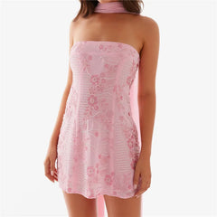 BXOXO Women Sequin Strapless Mini Dress with Scarf Y2K Rhinestone Sleeveless Off Shoulder Dress Sexy Backless Club Party Dress