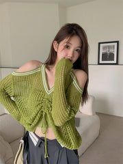 Bxoxo Off Shoulder Hollow Out Shirts Blouses Elegant and Youth Woman Blouse Drawstring Knitted V Neck Tops Vintage Y2k 2022 Fashion