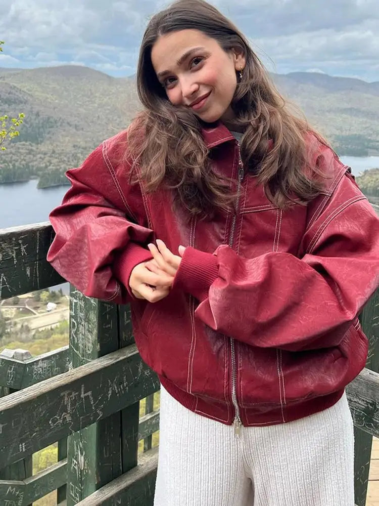 Women Zipper Leather Bomber Jackets Coats Oversized Contrast Stitch Lapel Long Sleeve Jacket Motorcycle 2024 Autumn Outwear Tops