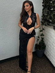 Bxoxo Black Lace Long Dress For Women Sleeveless Hollow Out High Slit Bodycon Evening Dresses Sexy Slim Party Vestidos