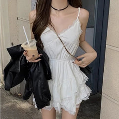 Bxoxo White Lace Mini Dress Women Korean Sweet Sexy One Piece Sleeveless Coquette Aesthetic Elegant Party Short Dresses Y2k