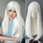 BXOXO Synthetic 26 Inch White Long Straight Hair With Thick Bangs Wig Fiber Heat-resistant Natural Party or Selfie For Women
