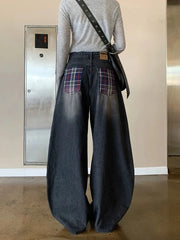 Bxoxo American Plaid Patchwork Women Wide Leg Jeans Autumn High Waist Streetwear Loose Scimitar Trousers Harajuku All Match Denim Pant